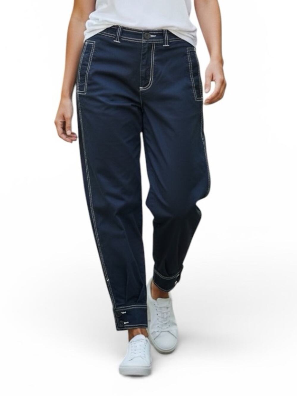 Anthropologie Maeve Women’s Contrast Stitch Navy Blue Tapered Cropped Pants Sz 4